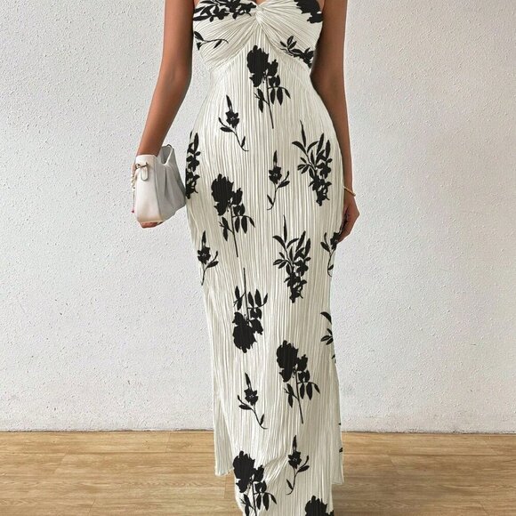 Apricot Boho Women's Tie Knot Pleat Printed Dress - Picture 6 of 6